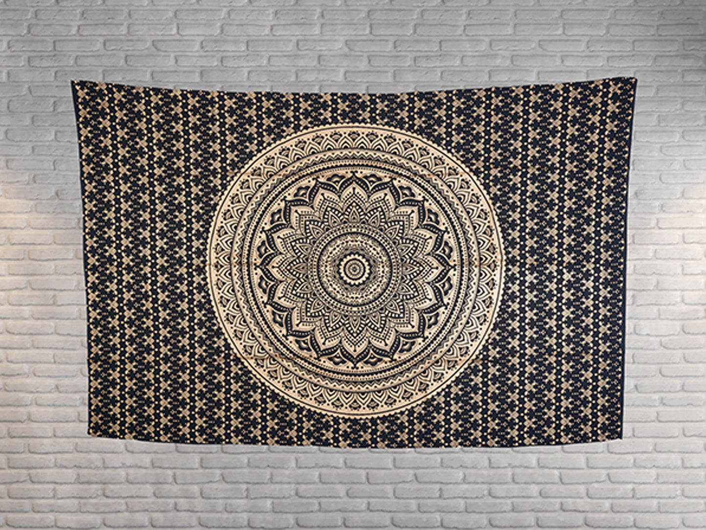 
                  
                    Give your room a gorgeous makeover with this spiritually charged Indian Mandala wall tapestry in Black and Golden color. This tapestry has been handcrafted to perfection by Indian local artists. A black and golden Mandala brings clarity, awareness and spiritual enlightenment in one’s life.
                  
                
