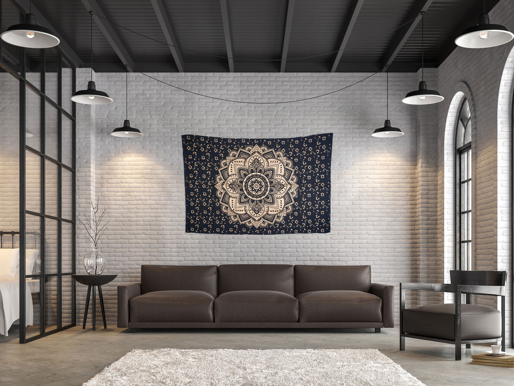 
                  
                    This Black Gold Flower Mandala tapestry is made in India and handcrafted by local artists with screen printed designs. Mandala signifies the universe and this particular design brings energy, wisdom and creativity to one's life. Use as wall art, wall hanging, yoga mat, beach throw, picnic sheet and so much more.
                  
                