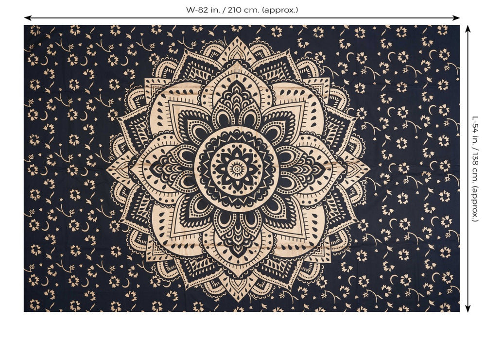 
                  
                    This Black Gold Flower Mandala tapestry is made in India and handcrafted by local artists with screen printed designs. Mandala signifies the universe and this particular design brings energy, wisdom and creativity to one's life. Use as wall art, wall hanging, yoga mat, beach throw, picnic sheet and so much more.
                  
                