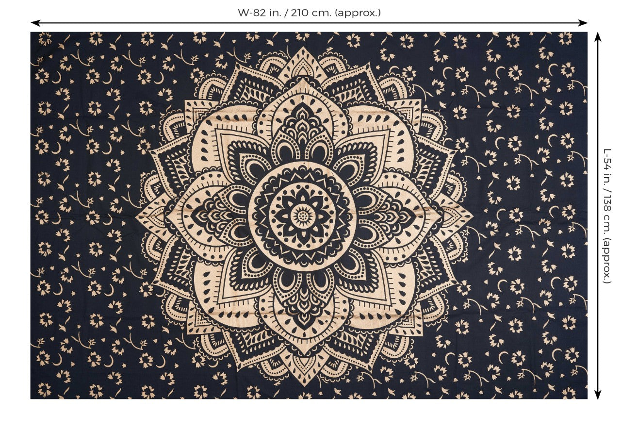 
                  
                    This Black Gold Flower Mandala tapestry is made in India and handcrafted by local artists with screen printed designs. Mandala signifies the universe and this particular design brings energy, wisdom and creativity to one's life. Use as wall art, wall hanging, yoga mat, beach throw, picnic sheet and so much more.
                  
                