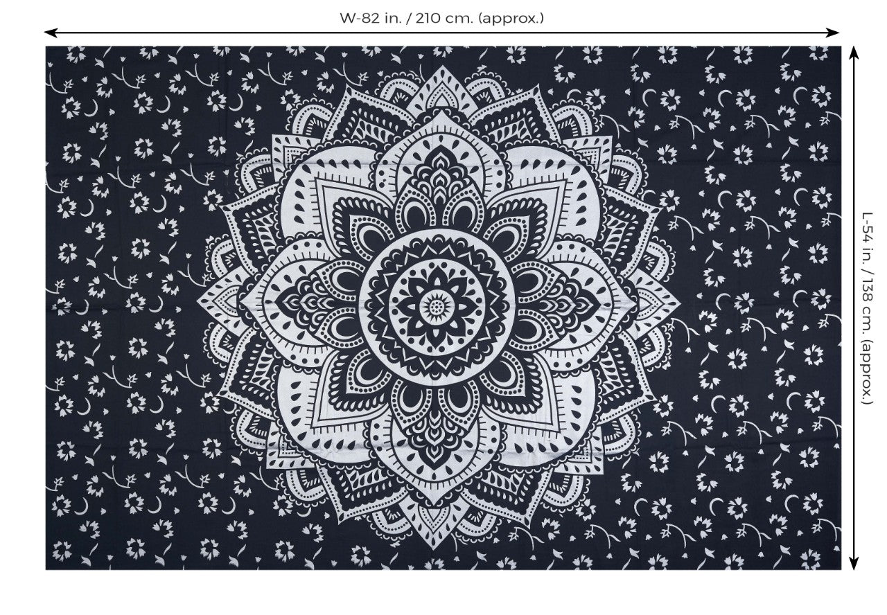 
                  
                    This twin sized wall tapestry is a traditional floral design that is believed to bring balance, positivity and spiritual growth in one’s life. You can use this handicraft tapestry in a number of ways – as a wall hanging, bed sheet, blanket, yoga mat, meditation mat, dorm wall decorator, sofa cover, beach throw, tablecloth or a picnic blanket. It instantly gives your living space a hippie, psychedelic and Bohemian vibe.
                  
                