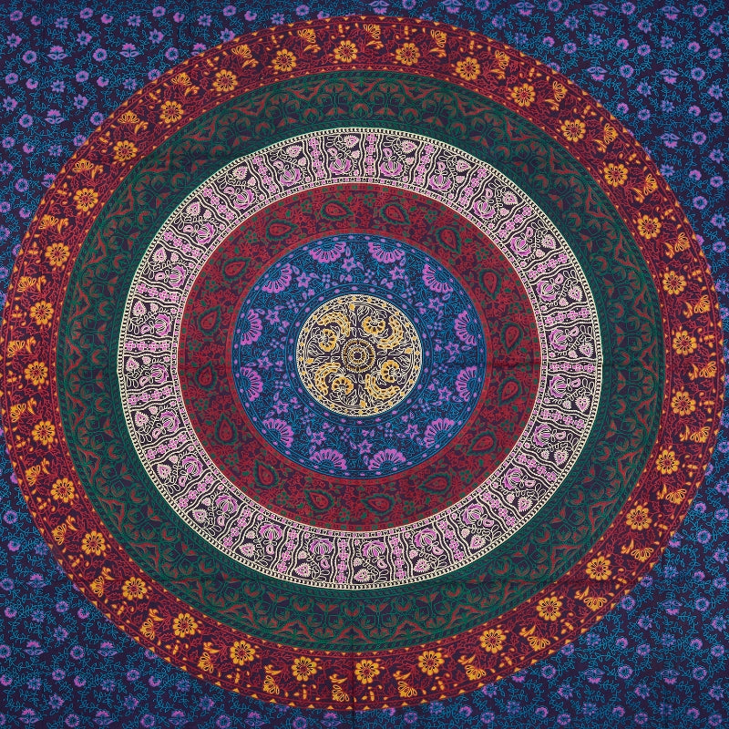 
                  
                    This multi color Mandala tapestry has been created with flowers, branches, shrubs and leaves in various colors and patterns, but primarily the shades of blue. And blue color is a symbol of healing powers, wisdom and purity in Indian as well as Buddhist traditions. Use it for decoration purposes in the form of a wall hanging, tablecloth, curtain or a room divider or use it for utility purposes in the form of a yoga mat, picnic blanket, bed sheet, wall art, beach throw or a sofa cover.
                  
                