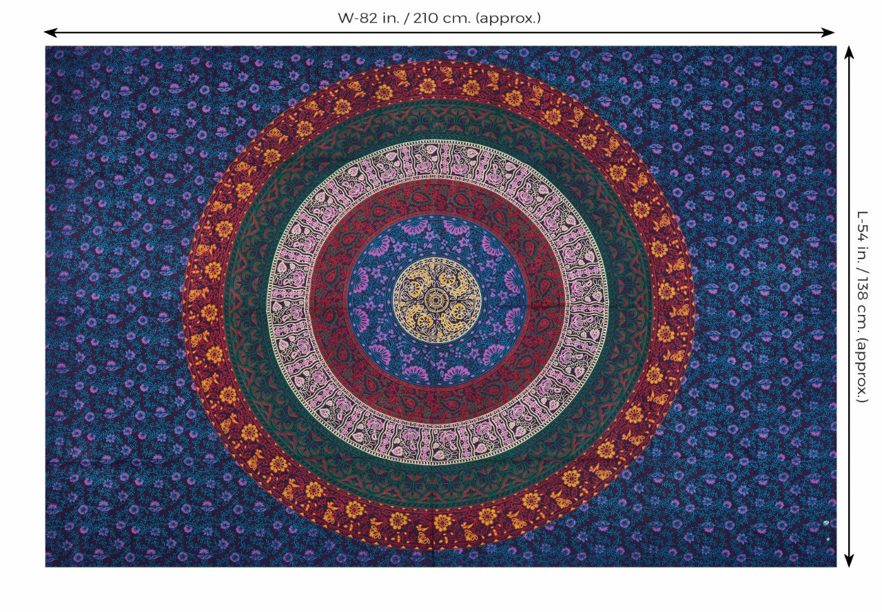 
                  
                    This multi color Mandala tapestry has been created with flowers, branches, shrubs and leaves in various colors and patterns, but primarily the shades of blue. And blue color is a symbol of healing powers, wisdom and purity in Indian as well as Buddhist traditions. Use it for decoration purposes in the form of a wall hanging, tablecloth, curtain or a room divider or use it for utility purposes in the form of a yoga mat, picnic blanket, bed sheet, wall art, beach throw or a sofa cover.
                  
                