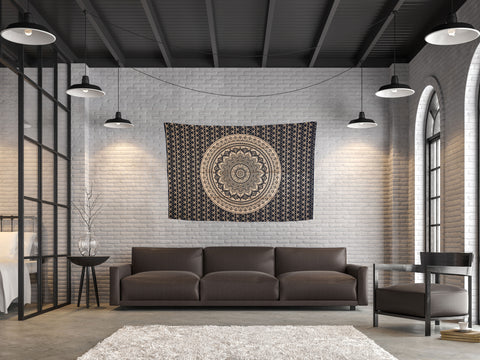 Give your room a gorgeous makeover with this spiritually charged Indian Mandala wall tapestry in Black and Golden color. This tapestry has been handcrafted to perfection by Indian local artists. A black and golden Mandala brings clarity, awareness and spiritual enlightenment in one’s life.